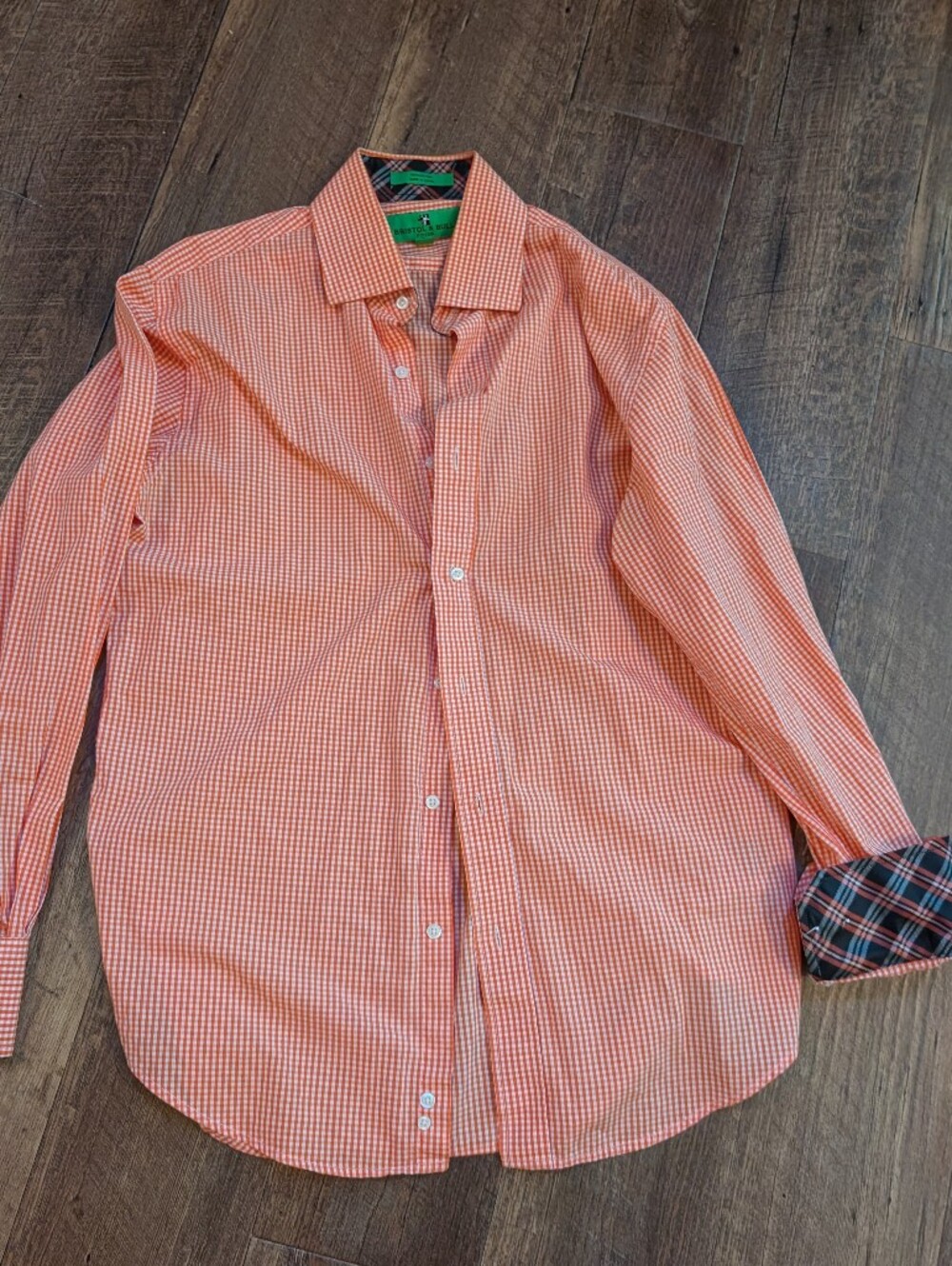 Men's Bristol & Bull Orange Gingham Button-Down Shirt W Plaid Cuffs Size Medium